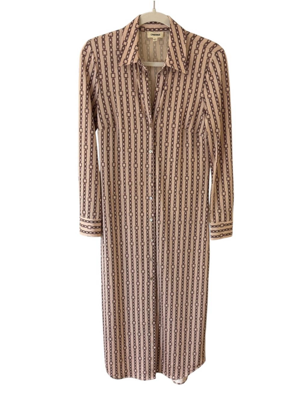 L'Agence Raelynn Shirt Dress Tan Brown Chains Spandex Button Down Size Small S